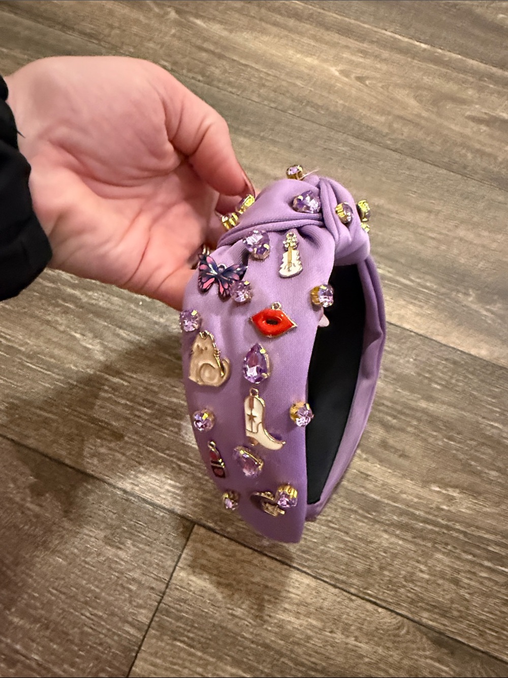 Purple  Knotted Headband with Gold Charms and Crystal Accents
